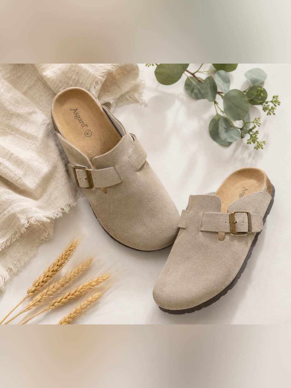 Asgard Taupe Suede Clogs Mules EU 41 US 9-9.5 Cork Footbed Comfort